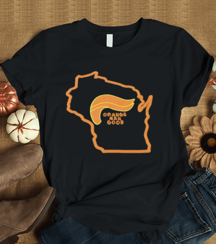 Trump 2025 Wisconsin Orange Man Good Map Outline Hair Icon T-Shirt