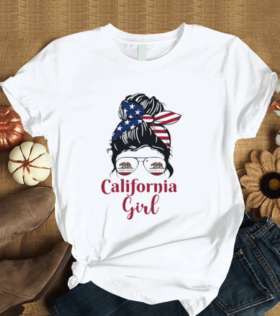 California Girl Sunglasses Bear Bandana Stars Stripes T-Shirt