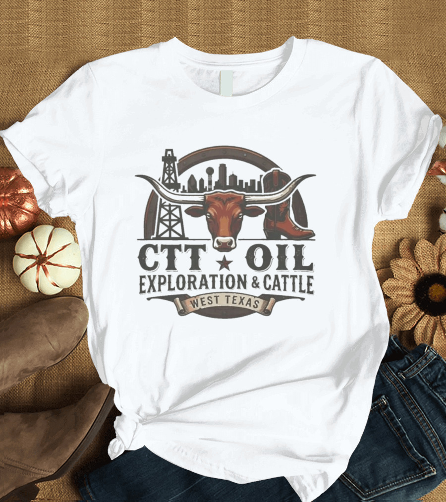 CTT Oil Exploration And Cattle Longhorn West Texas Oilfield Skyline Cowboys T-Shirt