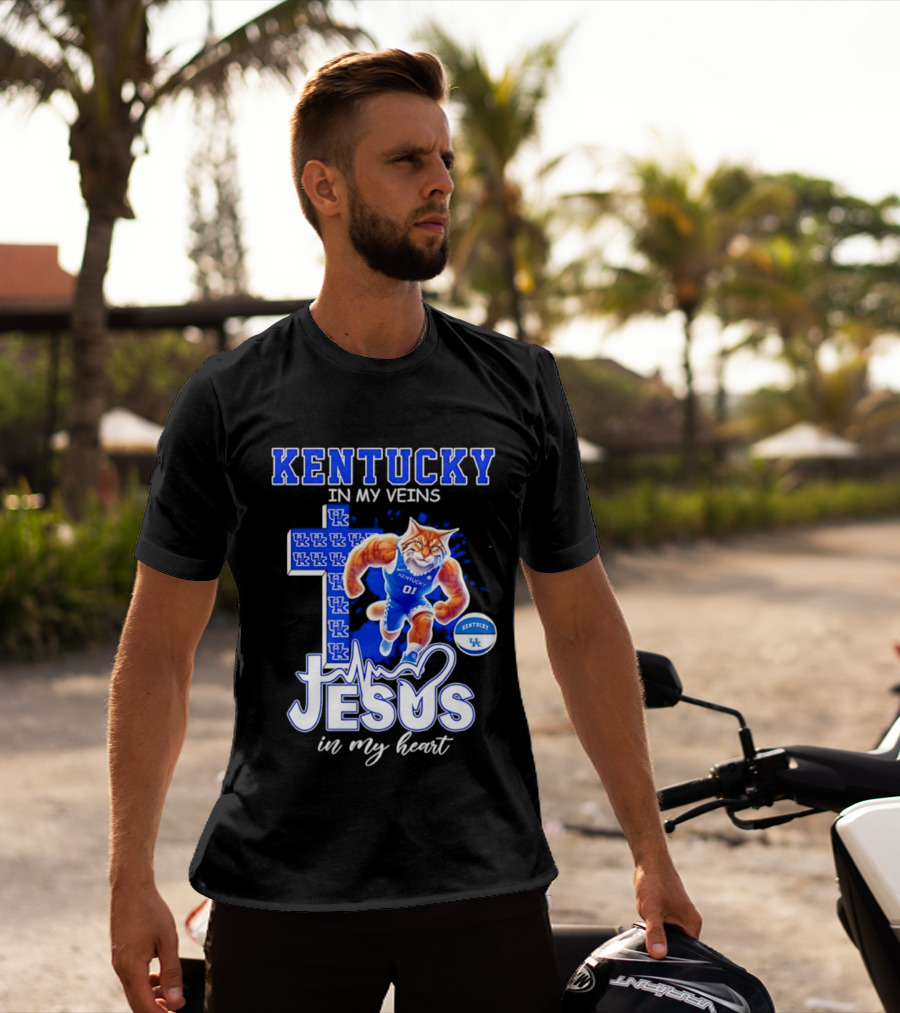 Kentucky Wildcats In My Veins Jesus In My Heart Wildcat Cross T-Shirt