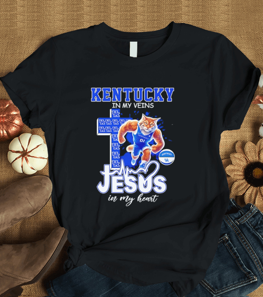 Kentucky Wildcats In My Veins Jesus In My Heart Wildcat Cross T-Shirt