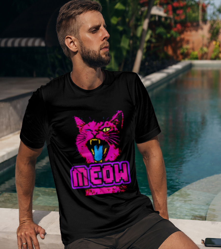 Neon Pink Angry Cat MEOW Cyberpunk Aesthetic Retro Futuristic T-Shirt