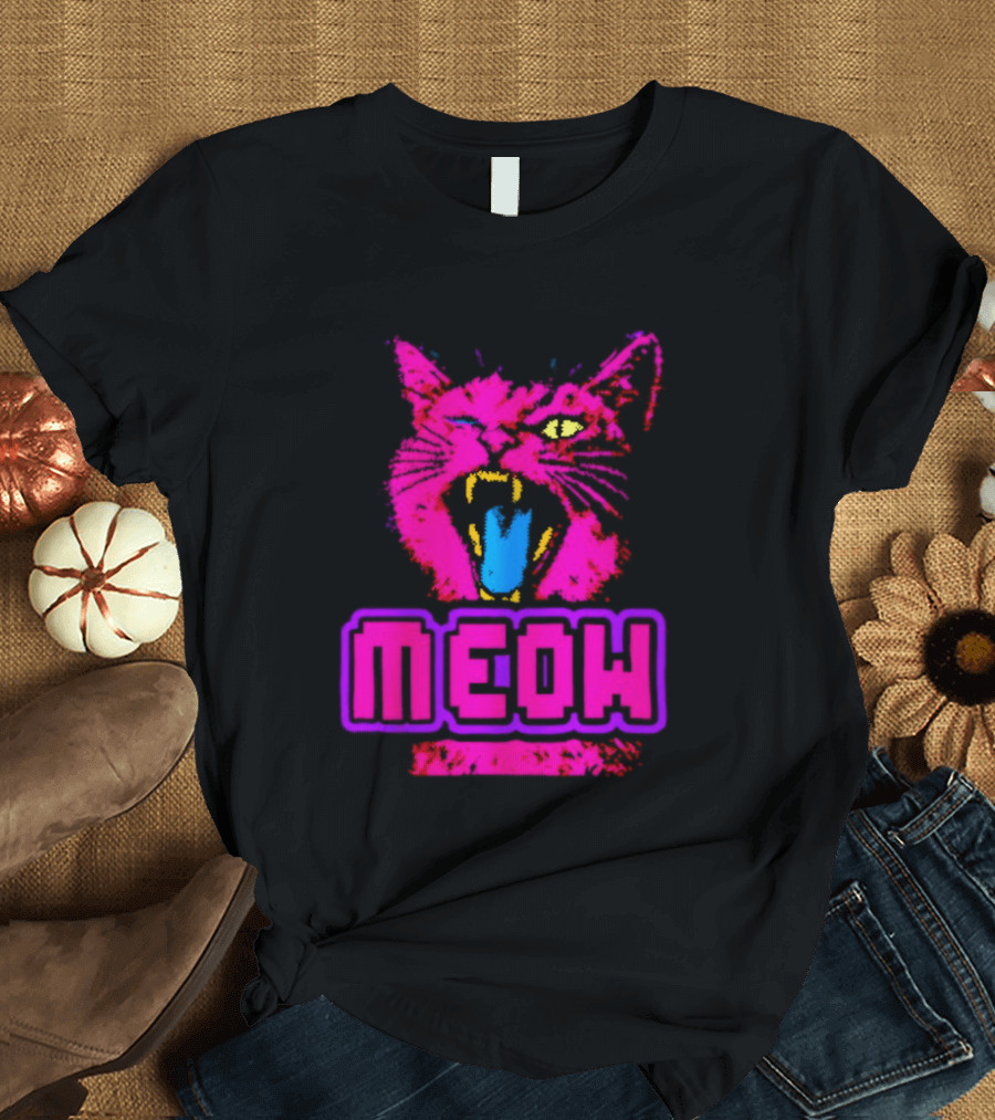 Neon Pink Angry Cat MEOW Cyberpunk Aesthetic Retro Futuristic T-Shirt