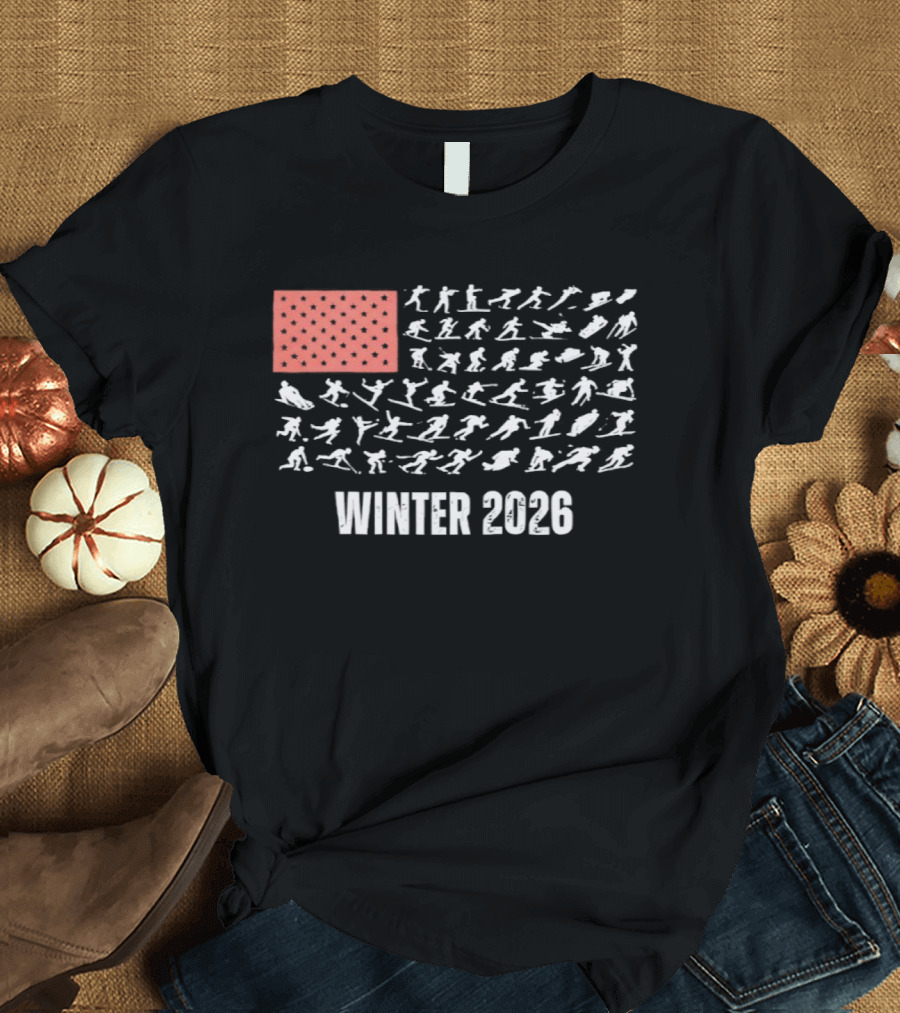 Patriotic USA Winter Sports 2026 Flag Skier Snowboarder T-Shirt