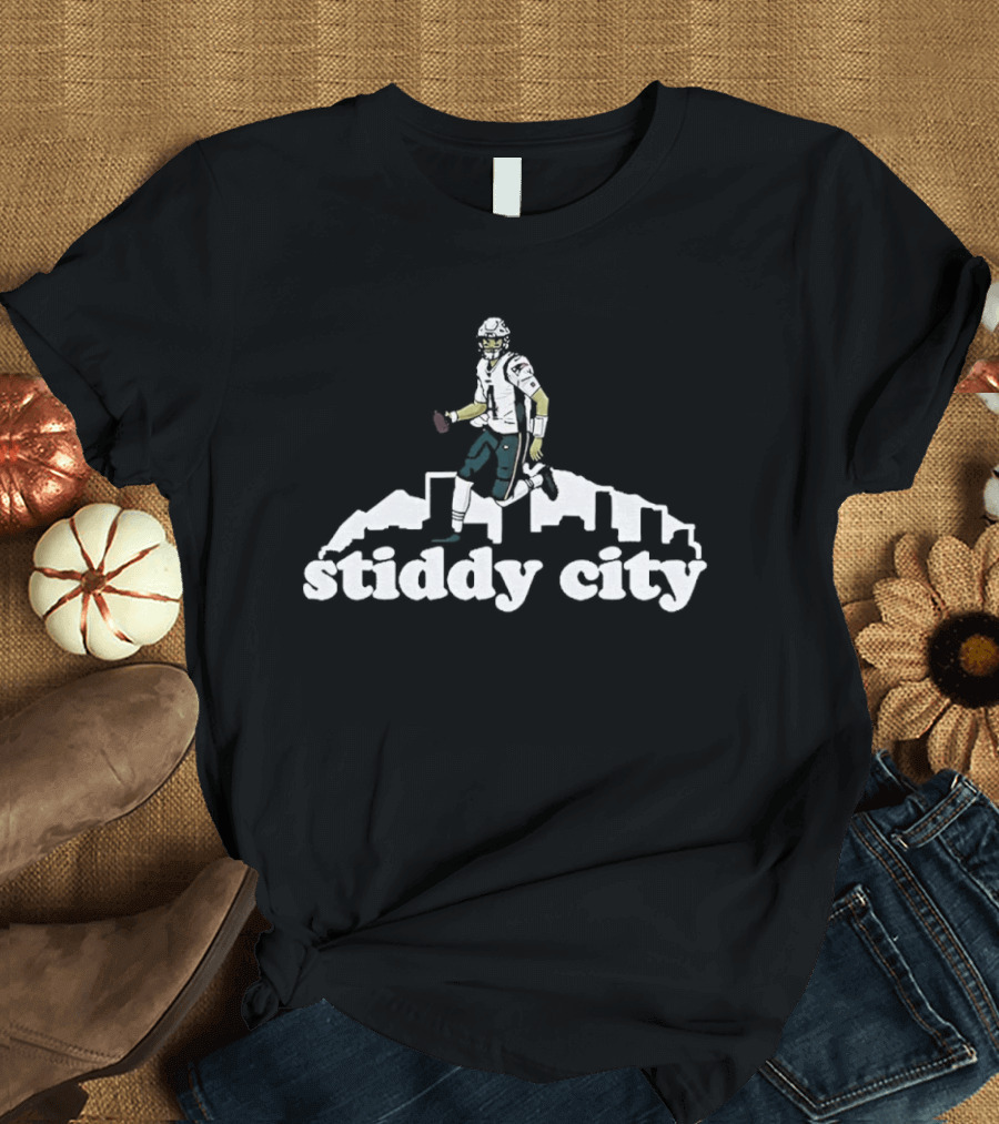 Stiddy City Jarrett Stidham Denver Broncos Skyline Football T-Shirt