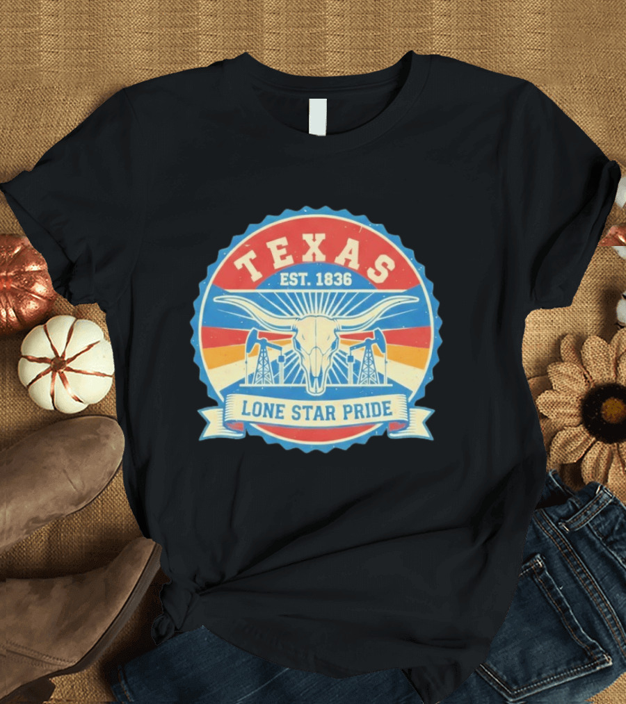 Texas EST 1836 Lone Star Pride Oil Derrick Longhorn T-Shirt