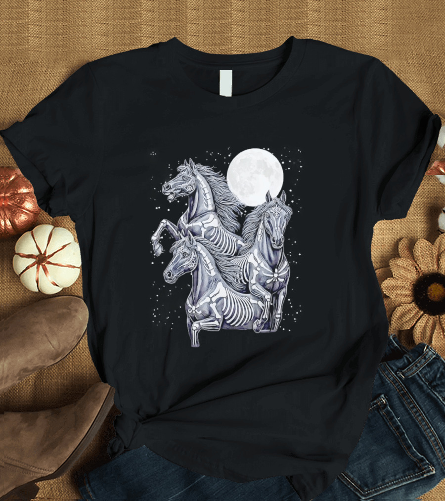 Three Horse Moon Día De Los Muertos Skeleton Horse T-Shirt