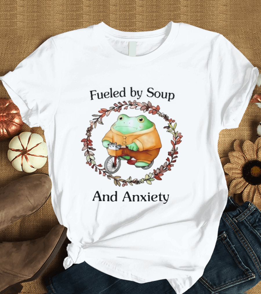 Fueled By Soup Frog Riding Scooter With Cat Surrounded By Autumn Leaves And Anxiety T-Shirt