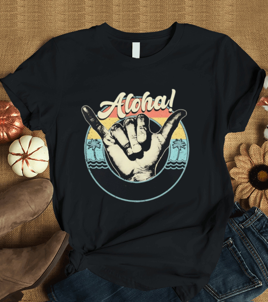Aloha Shaka Hand Gesture Tropical Sunset With Palm Trees T-Shirt