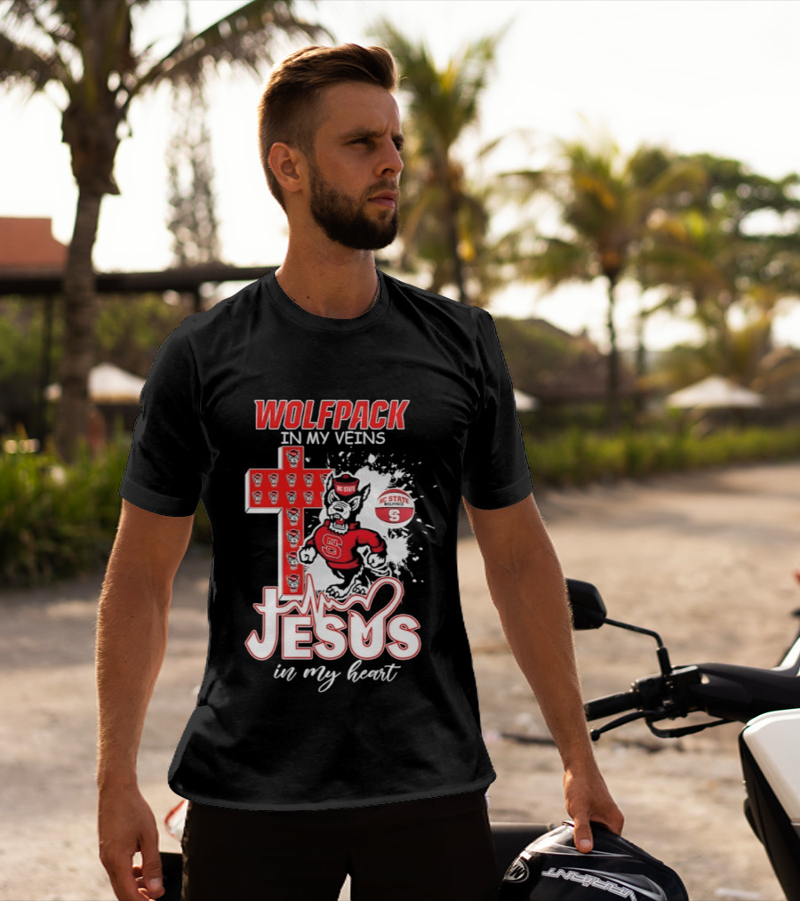 NC State Wolfpack In My Veins Jesus In My Heart Faithful Cross T-Shirt