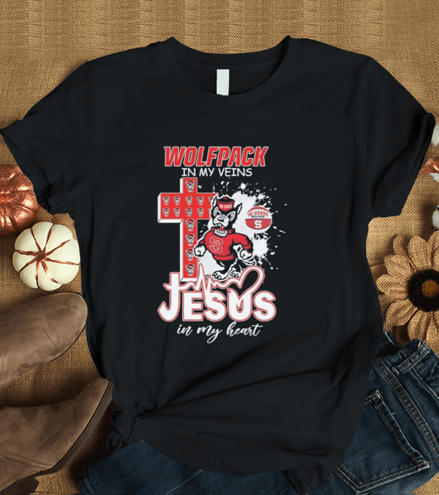 NC State Wolfpack In My Veins Jesus In My Heart Faithful Cross T-Shirt