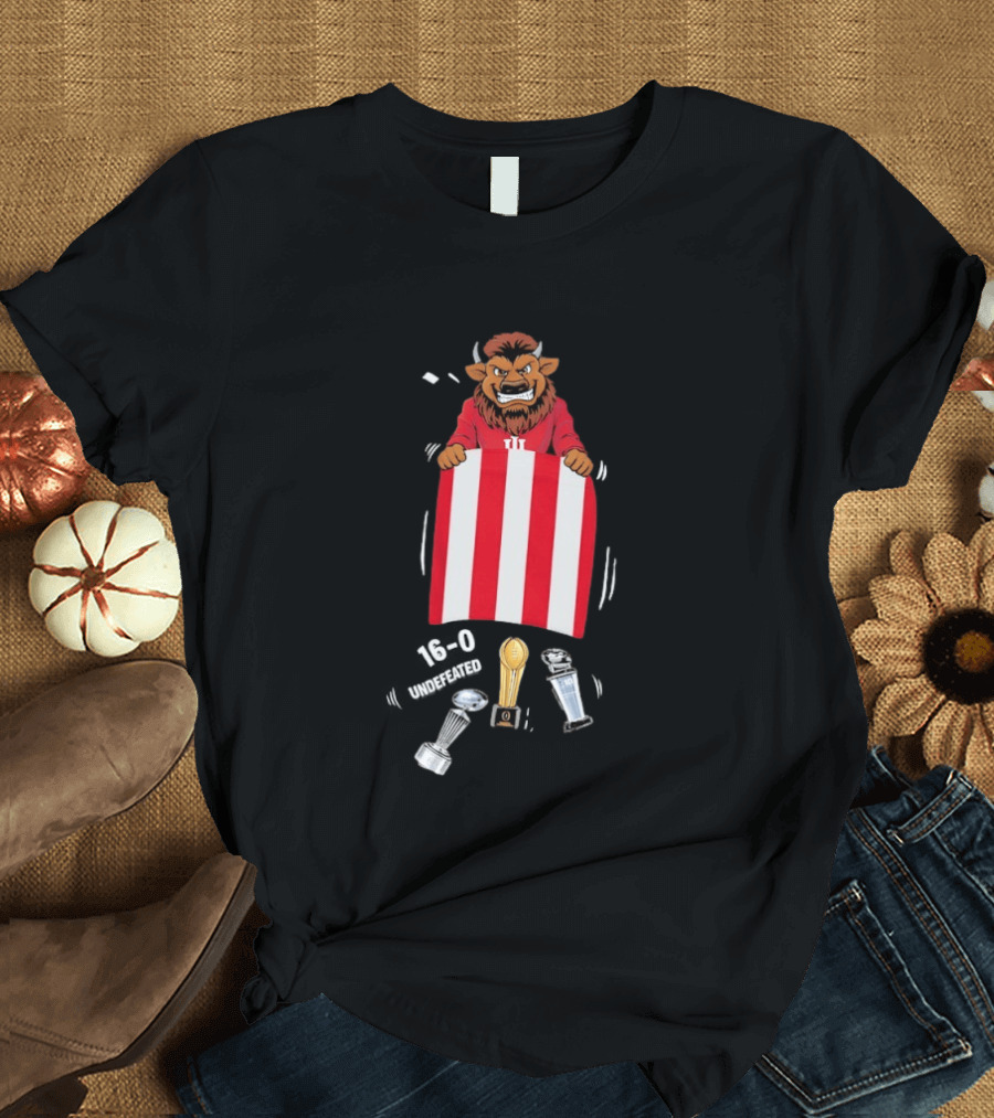 Indiana Hoosiers 16 0 Undefeated Mascot Holding Red White Flag And Trophies T-Shirt