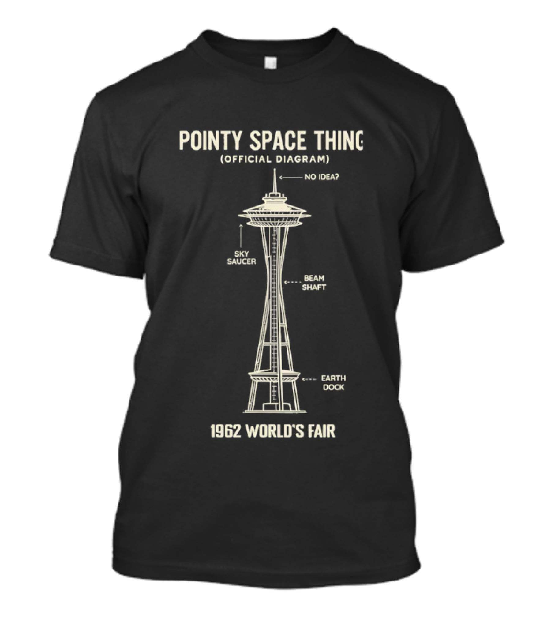 Pointy Space Thing Official Diagram 1962 World's Fair Sky Saucer Beam Shaft Earth Dock T-Shirt