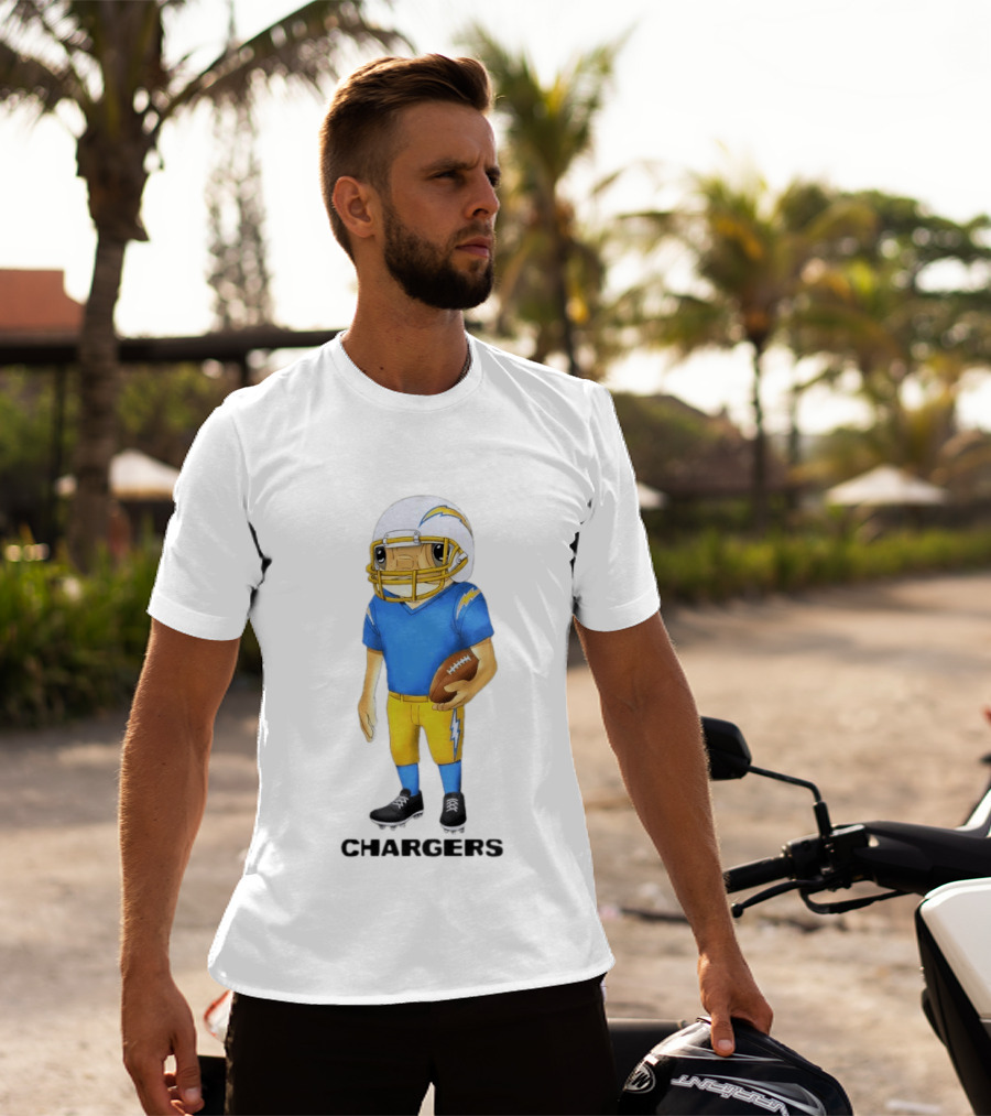 Bad Bunny X Los Angeles Chargers Collaboration Concho With Cartoon Football Player T-Shirt