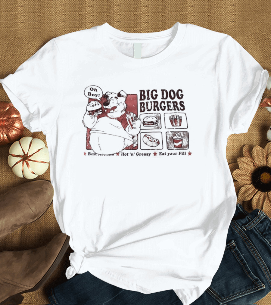 Big Dog Burgers Wolf Eating Cheese Burger Fries Funny Food Cartoon T-Shirt