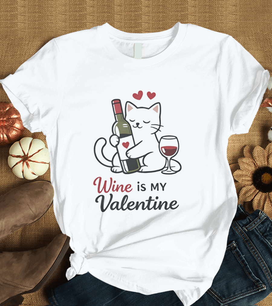 Cat Wine Is My Valentine With Hearts And Wine Glass T-Shirt