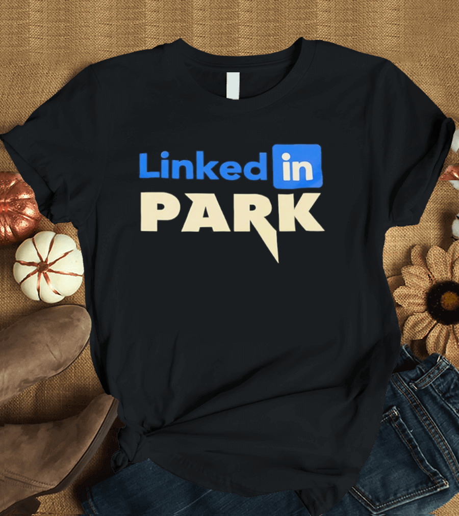 Linked In Park Blocky Font Text In Blue And Beige T-Shirt