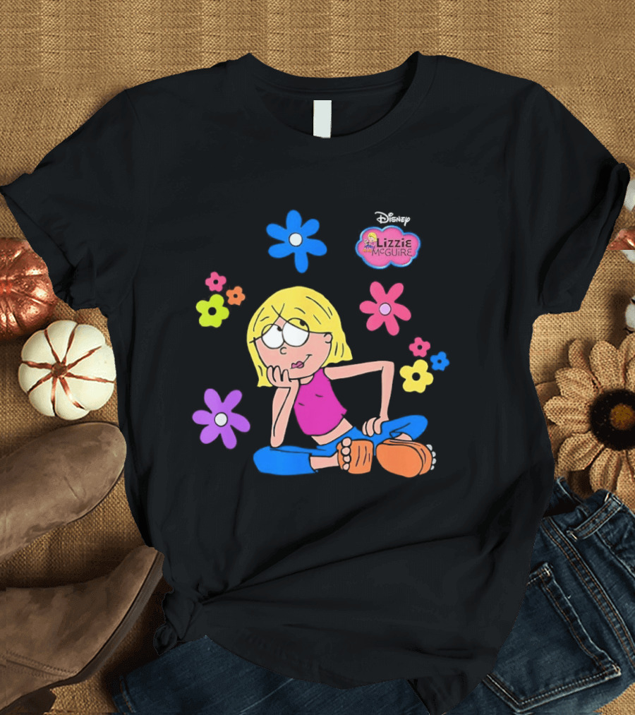 Lizzie McGuire Cartoon Colorful Flowers And Character Sitting Clipart T-Shirt