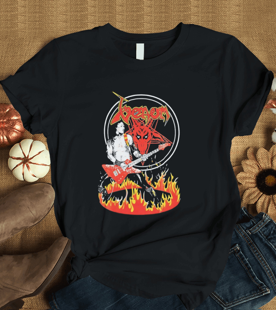 Venom Red Demon Guitarist Flaming Circle T-Shirt