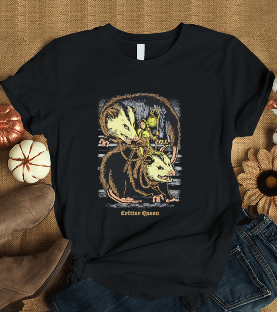 Women Riding Opossum Critter With Lantern And Chains T-Shirt