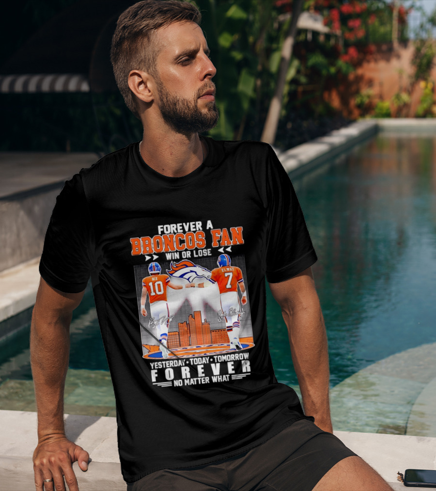Forever A Broncos Fan Bo Nix John Elway City Skyline T-Shirt