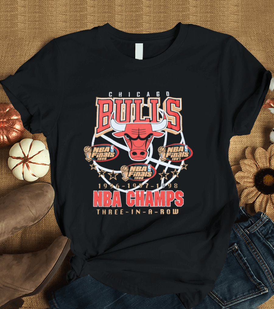 Chicago Bulls NBA Champs Three In A Row 1996 1997 1998 T-Shirt