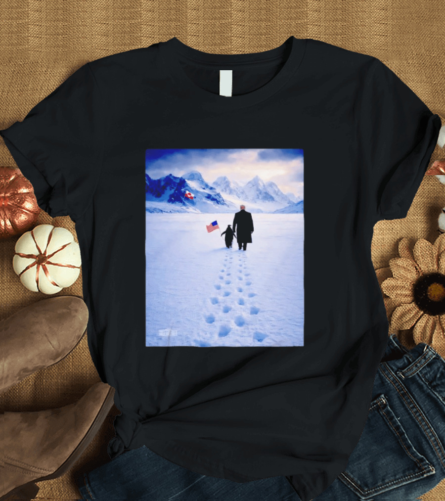 The White House Donald Trump Walking With Penguin American Canadian Flags Snowy Mountains T-Shirt
