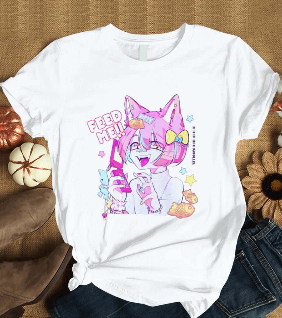 Anime Feed Me Pastel Kawaii Catgirl Eating Fish Cookies T-Shirt