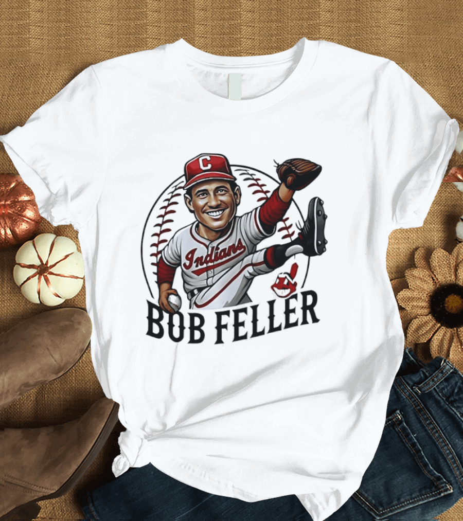Bob Feller Cleveland Indians Baseball Pitcher Caricature T-Shirt