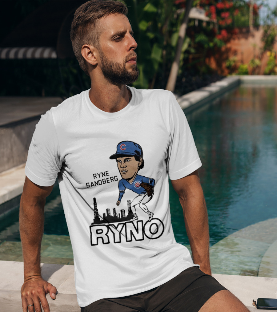 Ryne Sandberg Ryno Chicago Cubs Cartoon Skyline T-Shirt