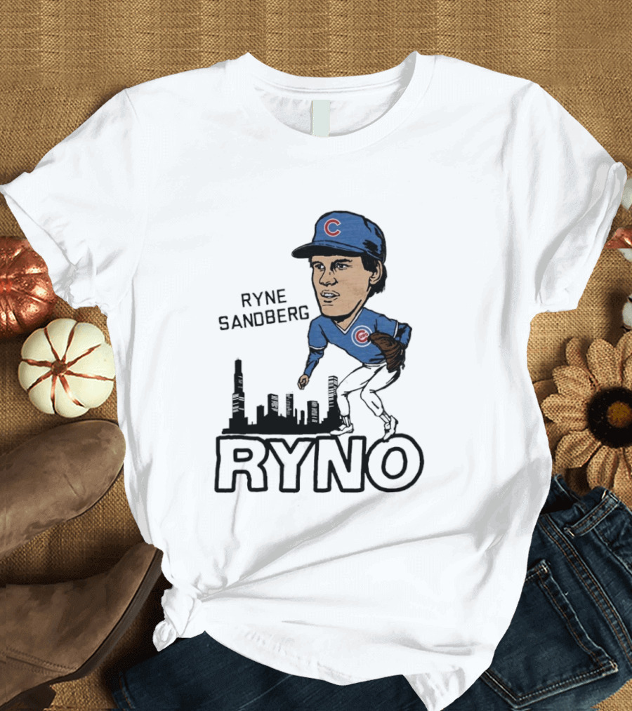 Ryne Sandberg Ryno Chicago Cubs Cartoon Skyline T-Shirt