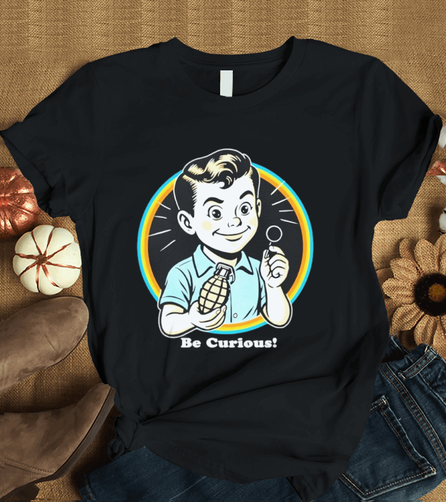 Be Curious Retro Comic Style Boy Holding Grenade And Pin T-Shirt