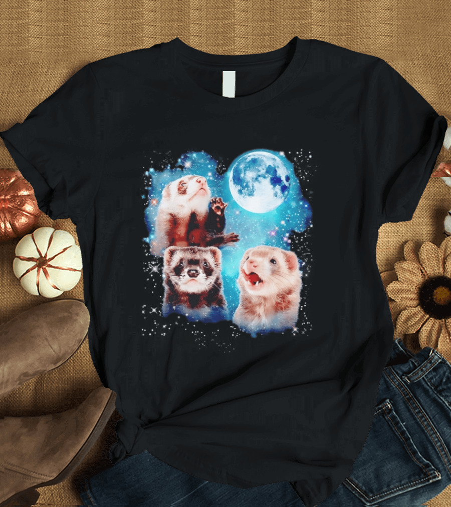 Ferret Trio With Full Moon And Starlit Sky T-Shirt