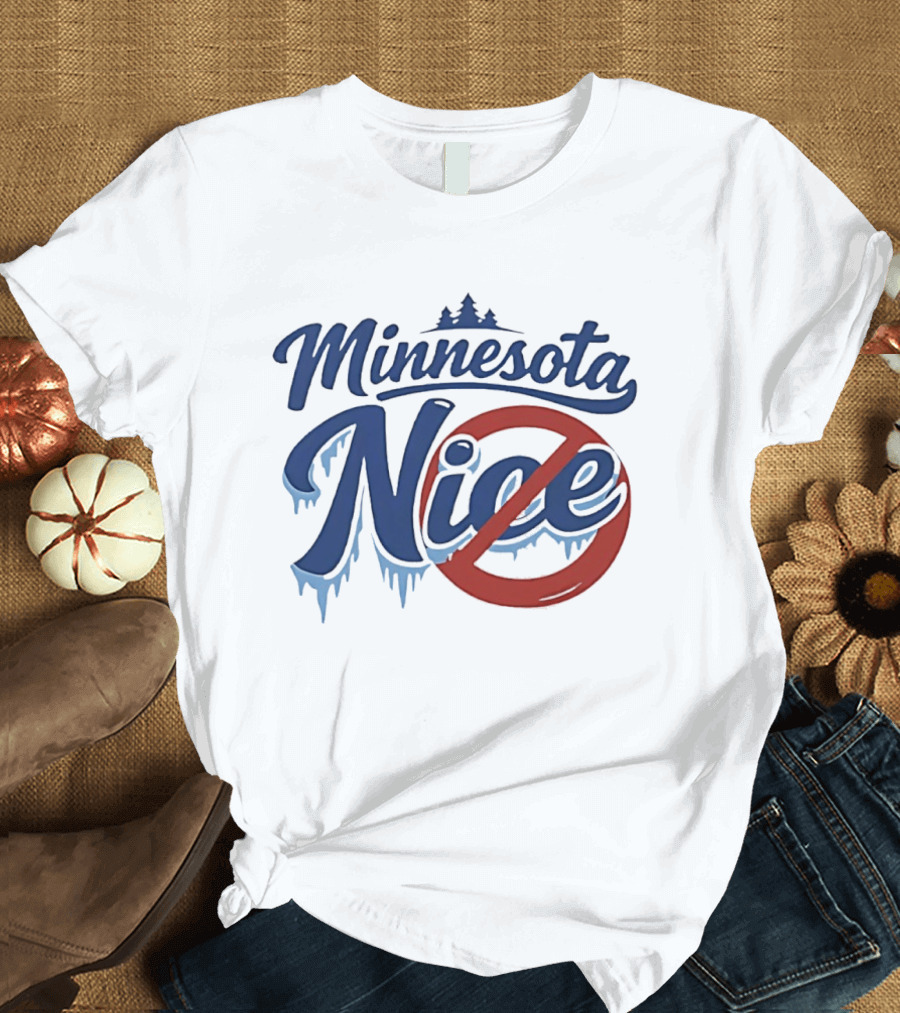 Minnesota Nice Anti Ice Dripping Text Red Circle Blue Letters T-Shirt