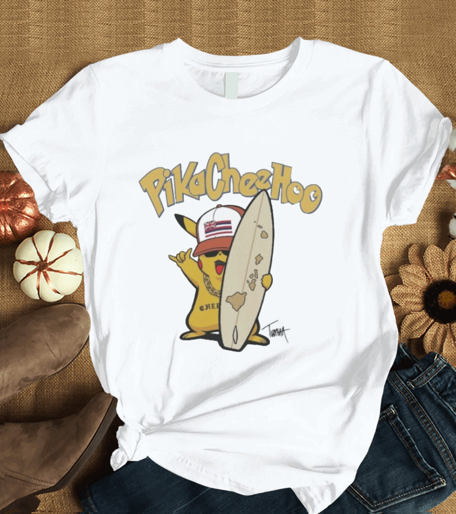 PikaCheeHoo Pikachu Surfboard Tumua Hawaii Flag Hat T-Shirt