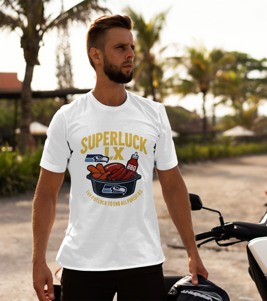 SuperLuck LX Seattle Seahawks Potluck BBQ Football T-Shirt