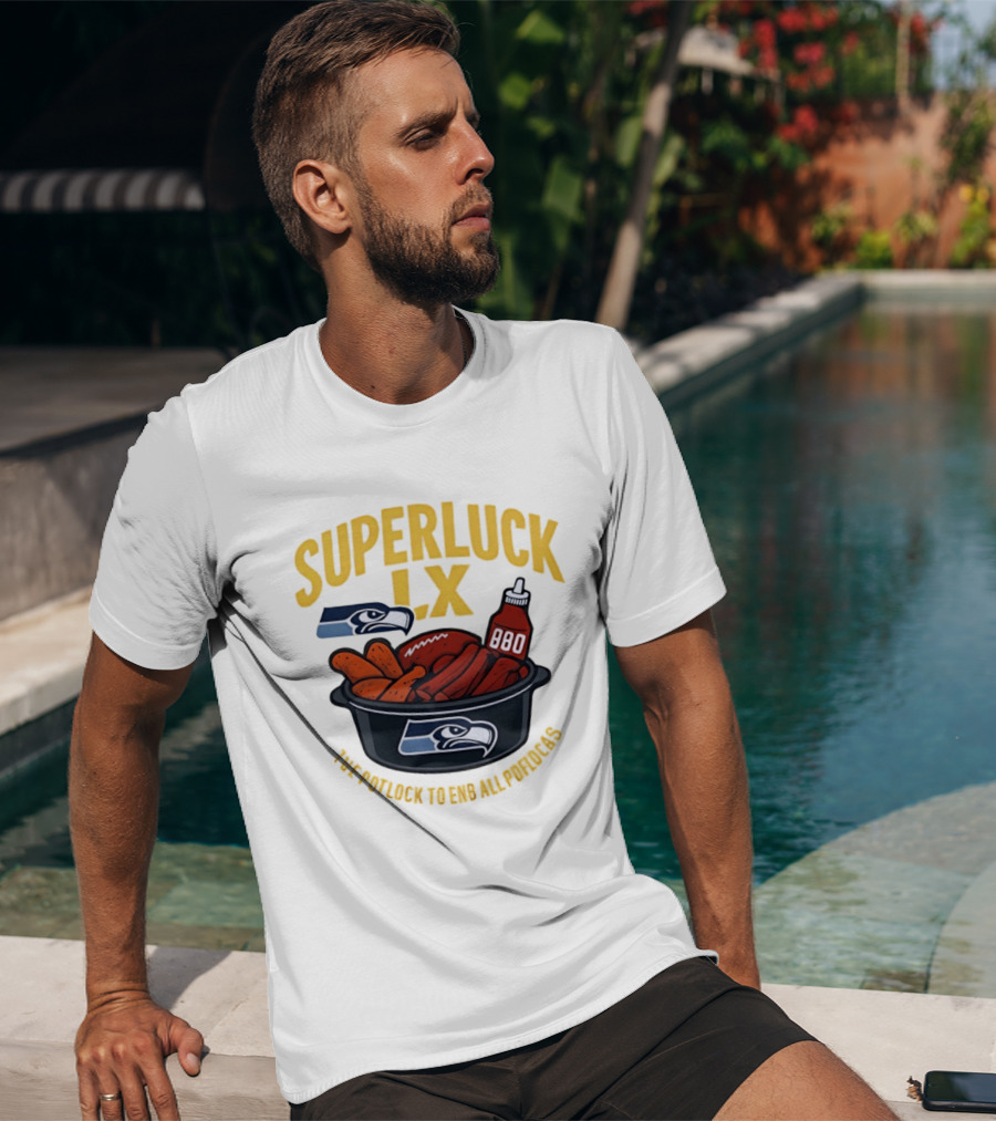 SuperLuck LX Seattle Seahawks Potluck BBQ Football T-Shirt
