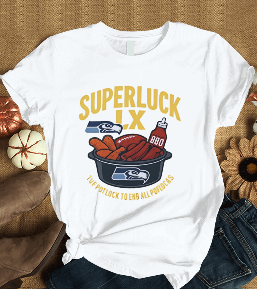 SuperLuck LX Seattle Seahawks Potluck BBQ Football T-Shirt