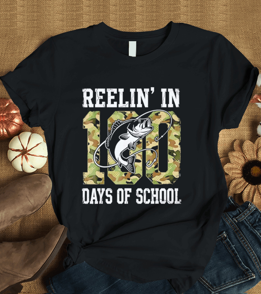 Reelin' In 100 Days Of School Bass Camo Fishing T-Shirt