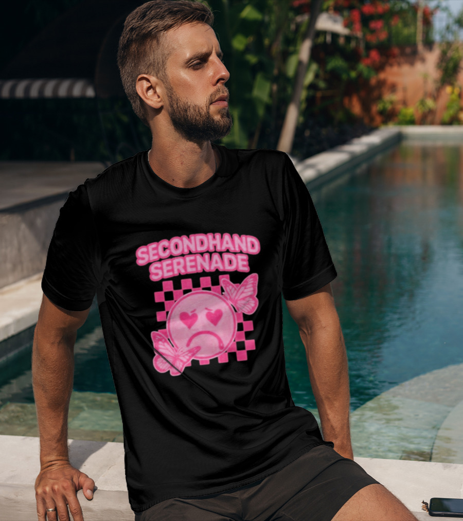 Secondhand Serenade Sad Emo Pink Heartbroken Face With Butterflies T-Shirt