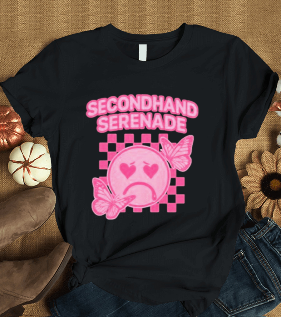 Secondhand Serenade Sad Emo Pink Heartbroken Face With Butterflies T-Shirt