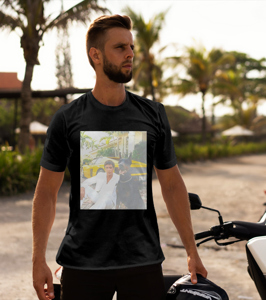 Tony Montana With Dog In Front Of Yellow Sports Car Scene From Scarface T-Shirt