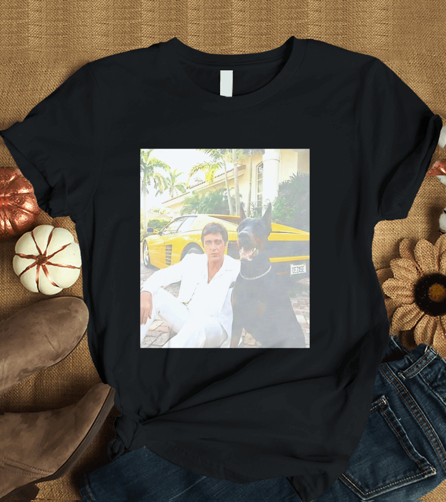 Tony Montana With Dog In Front Of Yellow Sports Car Scene From Scarface T-Shirt