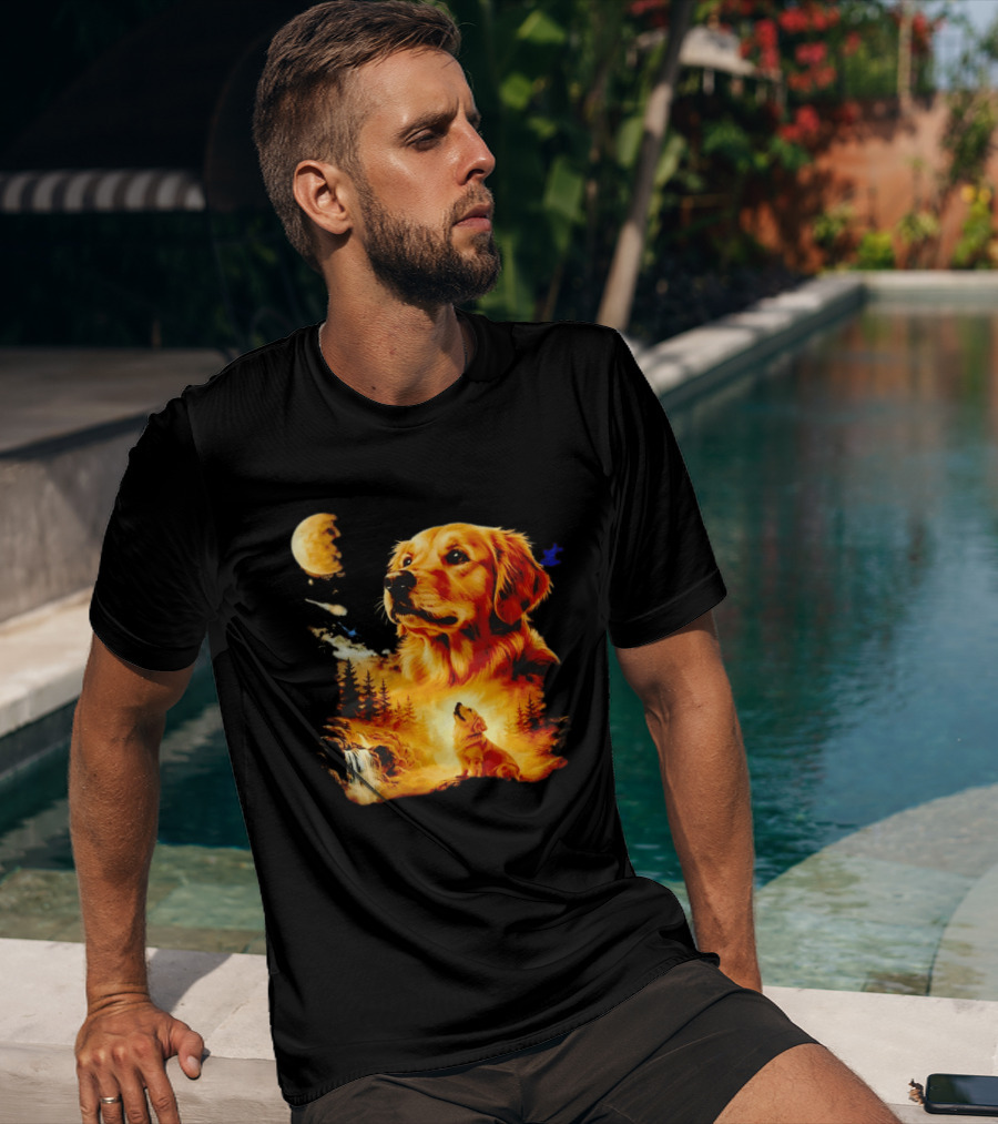 Golden Retriever Majestic Night Howl At Moonlit Waterfall T-Shirt