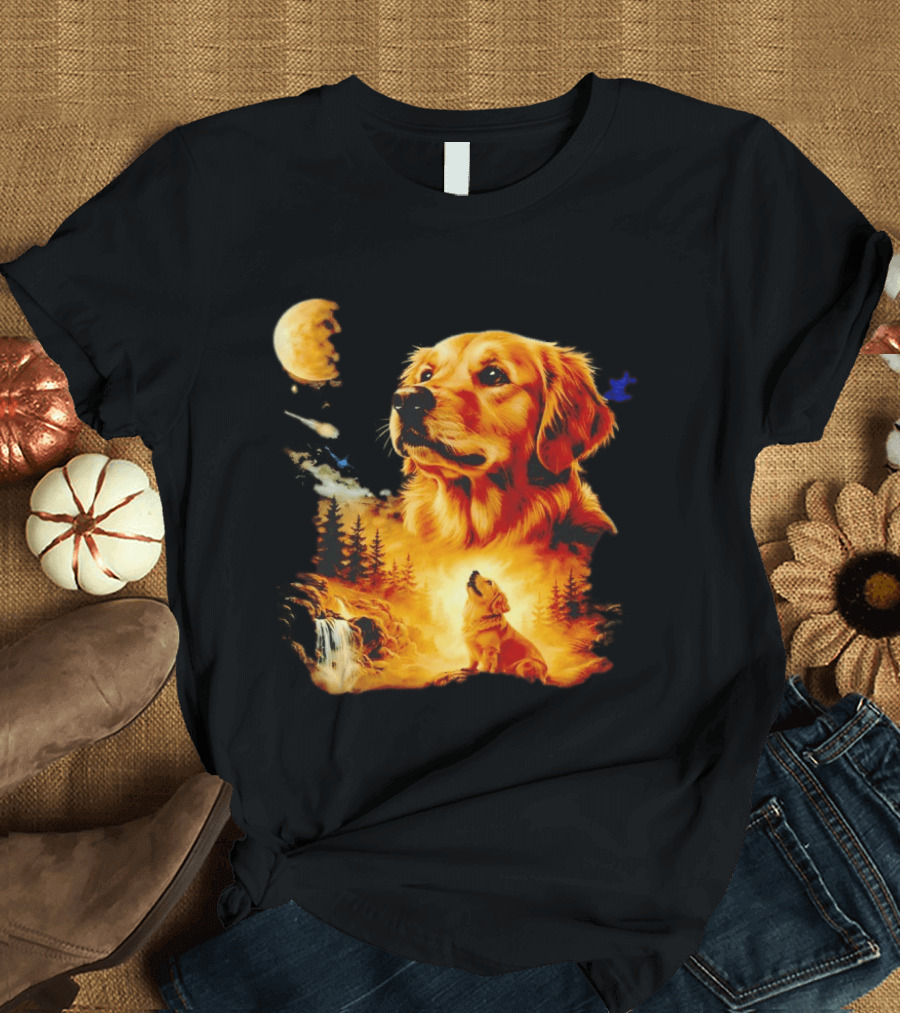 Golden Retriever Majestic Night Howl At Moonlit Waterfall T-Shirt