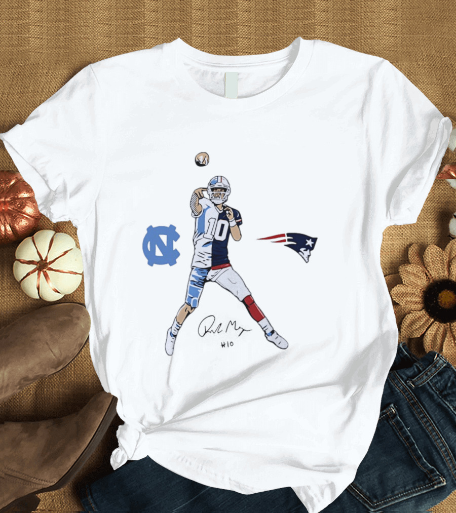 North Carolina Tar Heels New England Patriots Drake Maye Quarterback Split Jersey T-Shirt