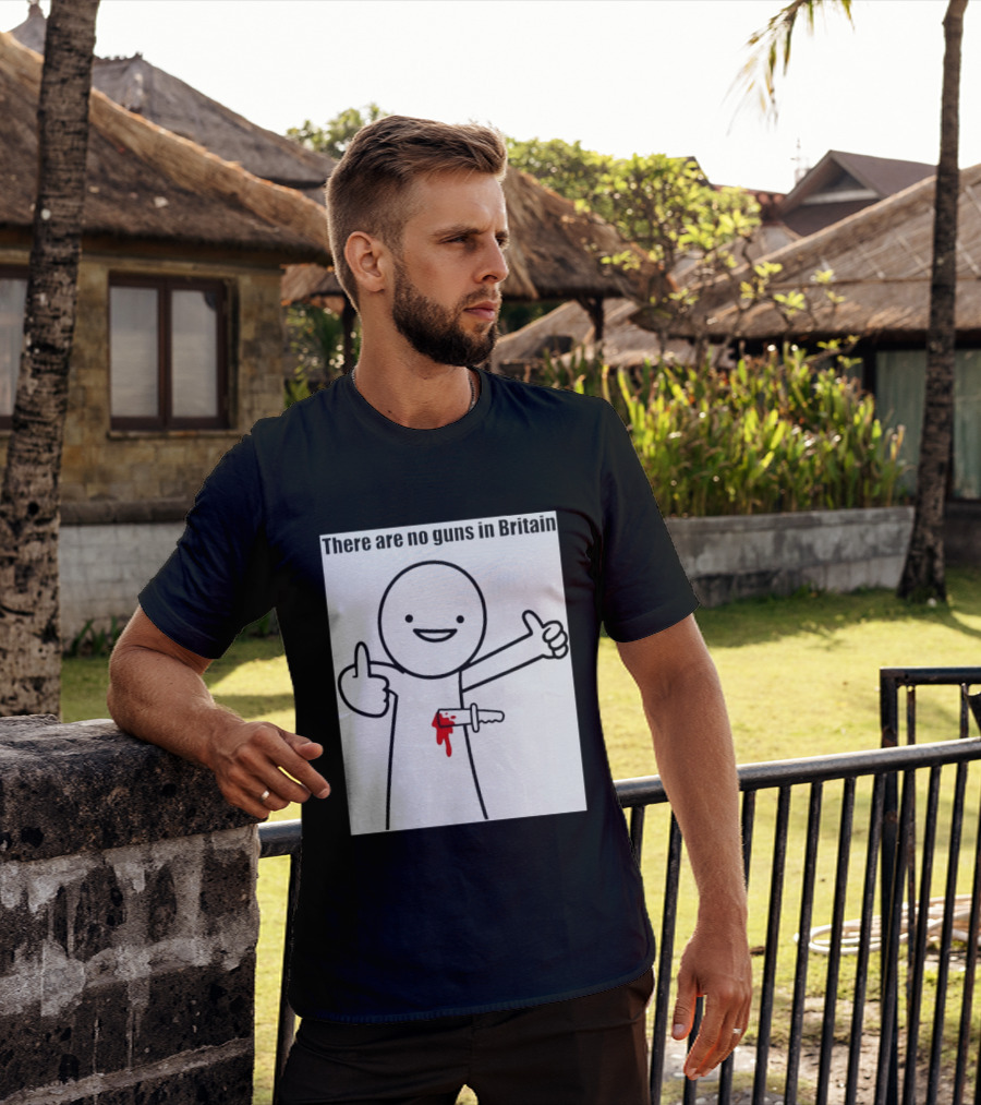 There Are No Guns In Britain Cartoon Knife Joke T-Shirt