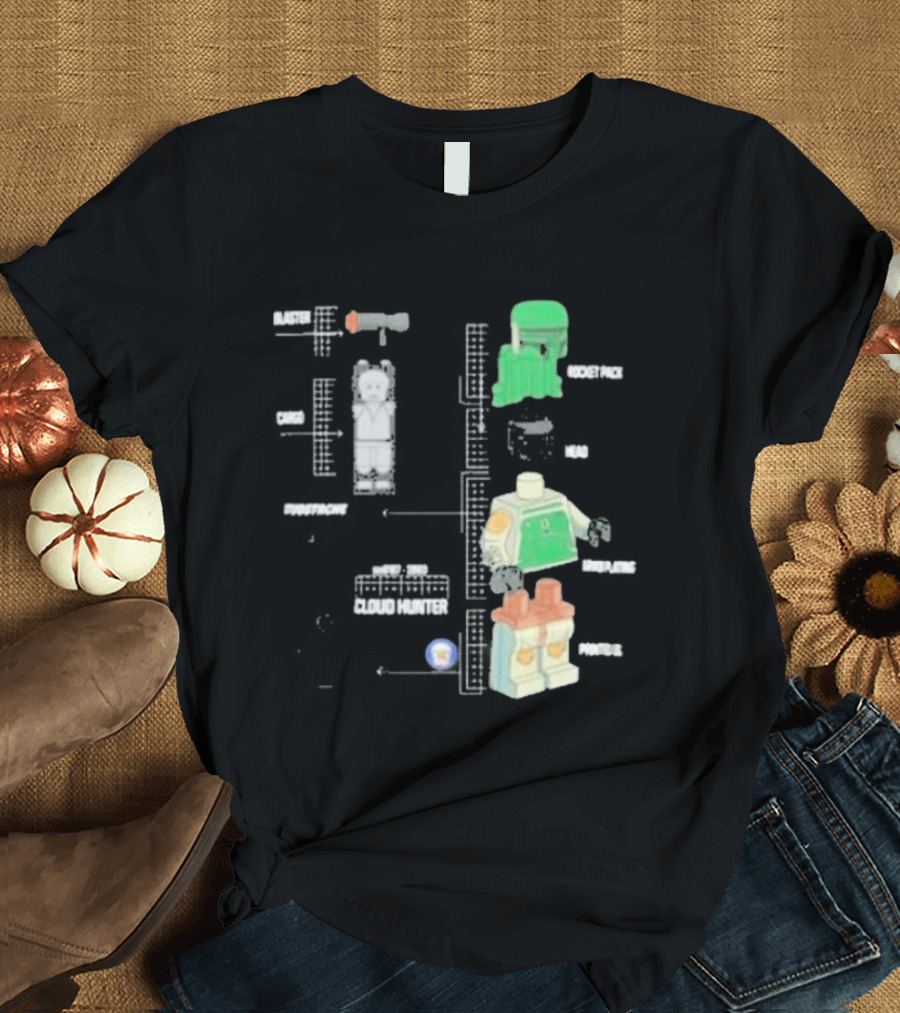 Studstache Cloud Hunter Blueprint With Block Figures And Sci Fi T-Shirt