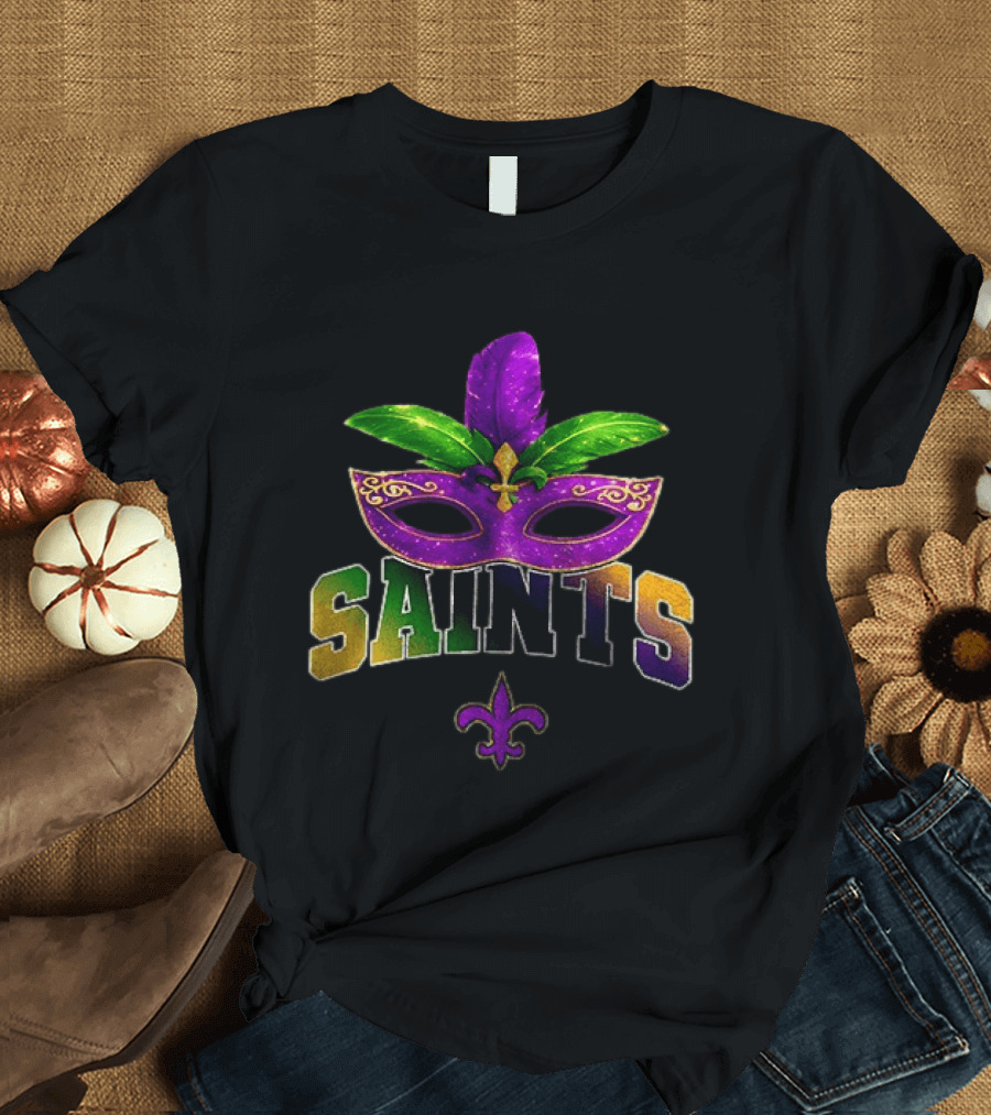 New Orleans Saints Mardi Gras Mask Fleur De Lis T-Shirt