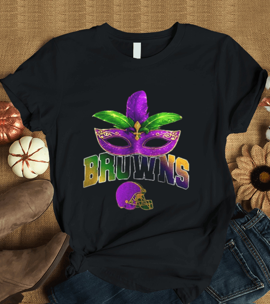 Cleveland Browns Mardi Gras Mask Feathers Football T-Shirt